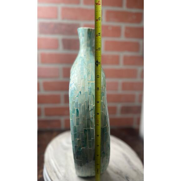 Large Mother of Pearl Shell Mosaic Abstract Vase Teal Aqua 14.5" Coastal Decor - Picture 4 of 8